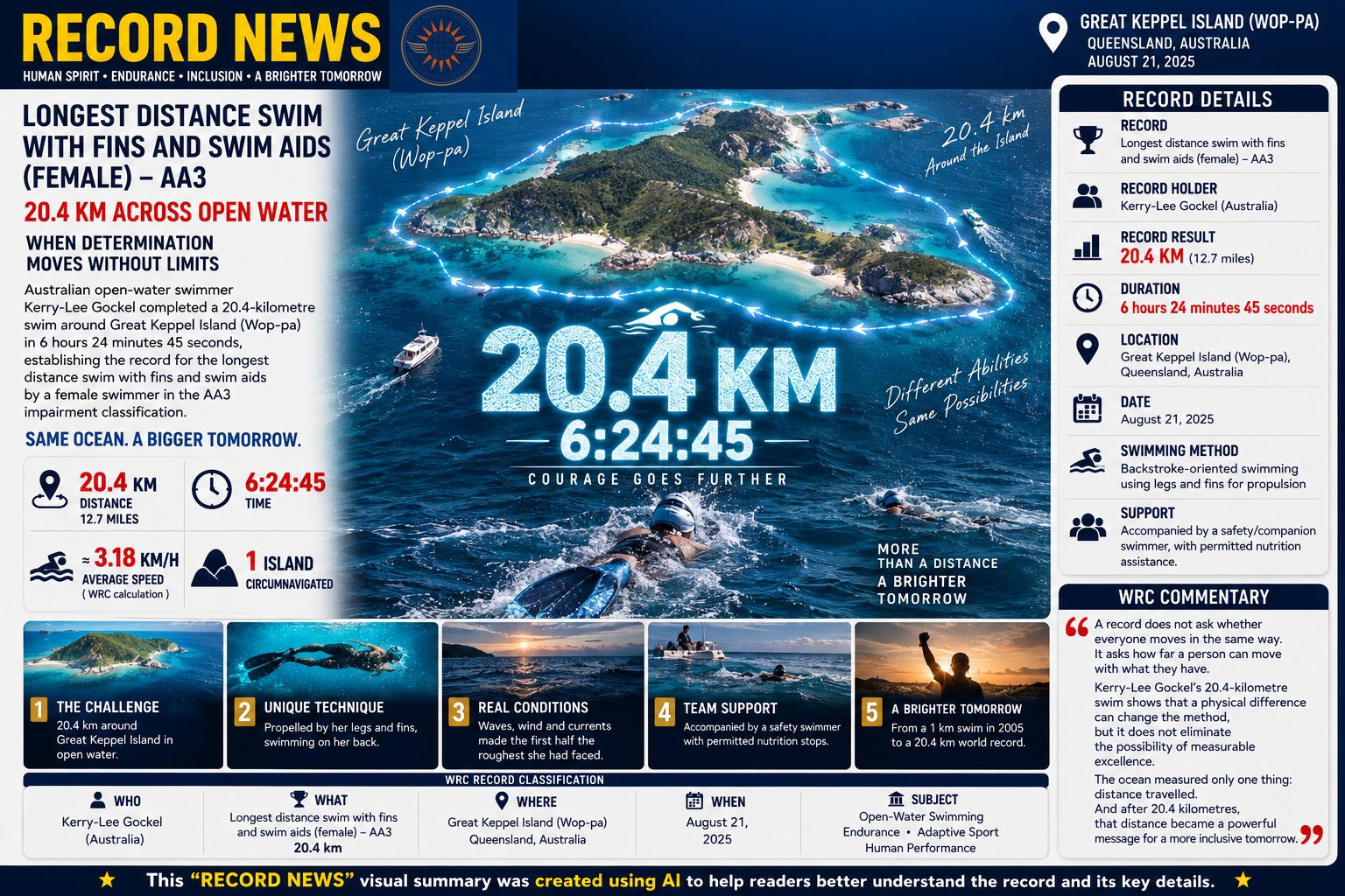 Longest distance swim with fins and swim aids (female), AA3