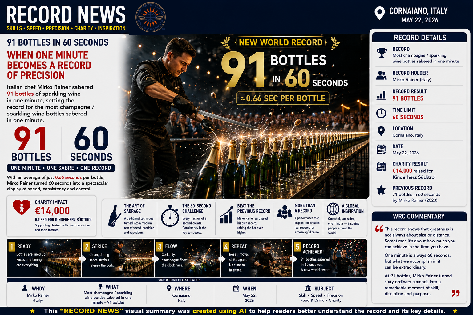 Most champagne/sparkling wine bottles sabered in one minute - 91 bottles
