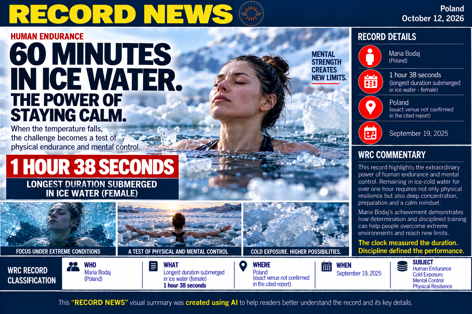 Longest duration submerged in ice water (female)